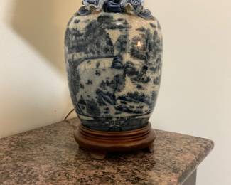 U 803. 23” blue and white porcelain vase lamp with applied floral handles $25