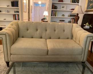 F906 Sherrill Furniture tufted Chesterfield-style sofa, neutral color with brass nailhead trim, turned arms, turned wooden feet. Excellent condition $1000