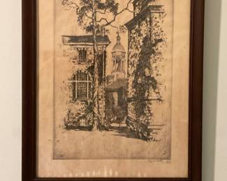 A747. Vintage architecture etching of Princeton scene $25
