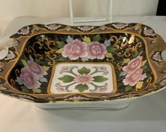 B-109 Hand-painted floral and gilt porcelain bowl with handles 10” $35