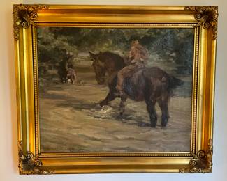 A 400 Signed Heinrich Neufeldt oil painting “Horse and Rider Crossing Stream” $550 30”x25”