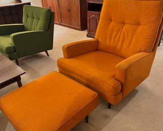 Mid Century Milo Baughman orange accent chair and ottoman