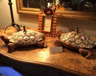 Turtle tureens with enameled « shell » lids and a painted serving ladle for a tail. Interior is beautifully painted and glazed and ready for the green beans or the squash, at Thanksgiving.
