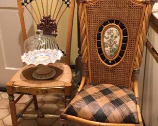 4 Flower basket chairs $300 each. 4 Tanjin Sari chairs, require reupholstering. $200 each. Fluted cake stand in « Madison » $80. $20 for blown glass dome.