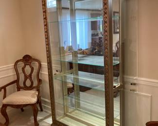 Neoclassical Style Curio Cabinet with Gilt Trim and Glass Shelves