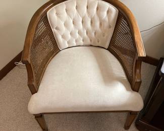 Pair of Mid Century White Upholstered Cane Back Barrel Chairs