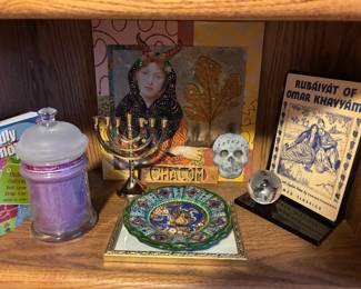 Brass Hanukkah Menorah, Lavorato A Mano In Oro Zecchino Hand Painted Decorative Plate, Etched Glass World Globe Paperweight, Rubaiyat of Omar Khayyam Cameo by Edward Fitzgerald