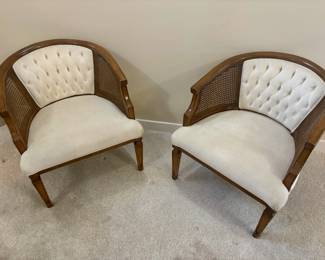 Pair of Mid Century White Upholstered Cane Back Barrel Chairs