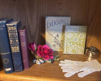 Lowell's Poems, Out-of-Doors in the Holy Land by Henry van Dyke, Complete Poems by Robert Louis Stevenson, Evensongs by Elsie Janet French, Shepherd's Song Music Book