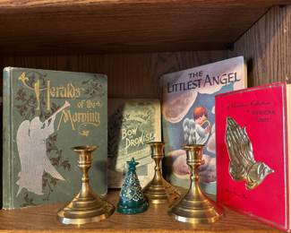 Heralds of the Morning by Asa Oscar Tait, The Bow of Promise Hymn Book, The Littlest Angel by Charles Tazewell, A Christmas Collection of Inspirational Verses by Helen Steiner Rice, Set of 3 Matching Brass Candlestick Holders