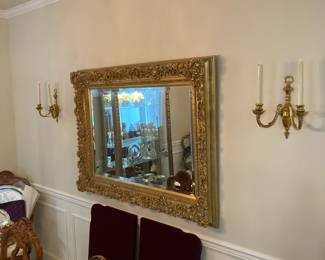 Pair of Brass Tone Double Arm Wall Sconces, Ornate Gold Gilt Wall Mirror