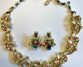 Rhinestone and Enamel Flower Necklace, Multicolor Rhinestone Earrings