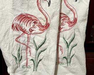 Embroidered Kitchen Towels with Flamingo Design