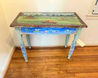 Outsider Artist Toby Hollinghead from Opp Alabama painted on antique table 34.5" by 17" by 29"