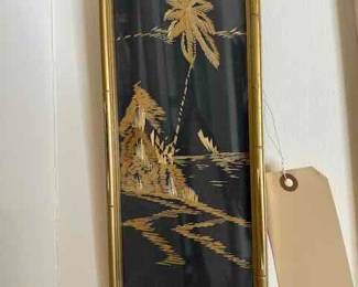 Pair of framed straw art in Gold leafed faux bamboo frames   12.25" by 5.5"