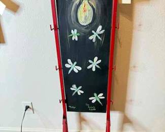 Outsider Artist Toby Hollinghead from Opp Alabama  13" by 48" painted on an antique potato chip display rack