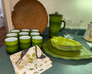 Acrylic faux bamboo glasses and pitcher, Melamine Banana leaf plates
