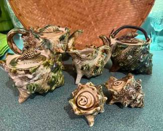 Vintage Florida Souvenir Shell Tea pots, sugar and creamer and salt and pepper shakers ( sold as a set)