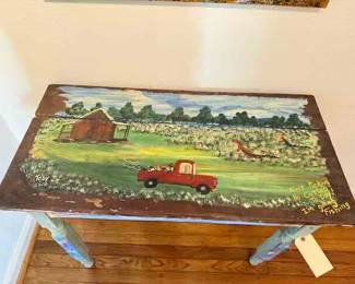 Outsider Artist Toby Hollinghead from Opp Alabama  painted on antique table 34.5" by 17" by 29