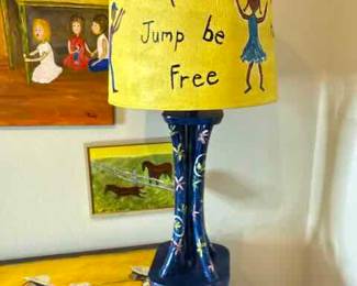 Outsider Artist Toby Hollinghead from Opp Alabama 32.5" tall painted lamp and shade