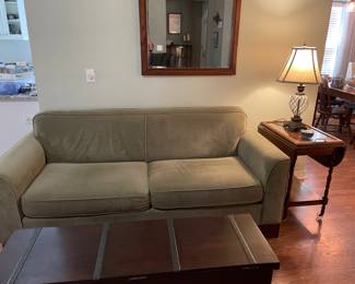 Nice, clean, newer sofa, faux velvet feel.  $250