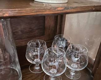 Craftsman Stemware etched BARWARE, ice bucket, two tall pitchers, martini pitcher 