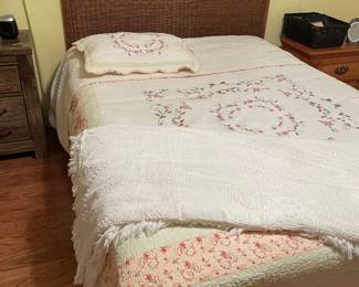 Rattan headboard and Queen M&B. $250.  Chenille bed spread. $50 