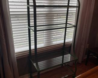 Heavy wrought iron and glass shelving $200