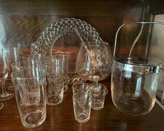 Craftsman Stemware etched BARWARE, ice bucket, two tall pitchers, martini pitcher 