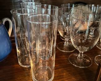 Craftsman Stemware etched BARWARE, ice bucket, two tall pitchers, martini pitcher 