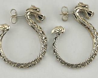 John Hardy "Naga" collection sterling silver large hoop earrings; 1.5" drop