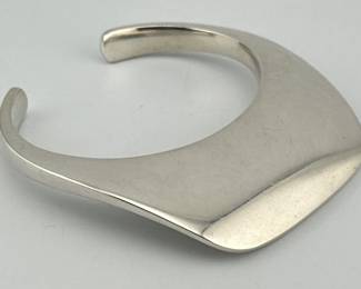 Heavy modernist cuff bracelet is signed Georg Jensen, marked 925 S/Denmark/236; 2.5"Diam (with 1" opening), 79.69g.