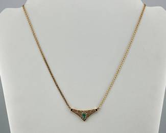 Emerald and diamond 14kt chevron necklace; 18”L