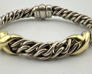 David Yurman Lyrica link bracelet is sterling silver with 18kt gold "Xs"; 7"L