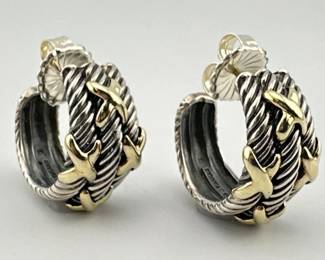 David Yurman triple cable X sterling silver and 18kt gold hoop earrings; 0.75"Diam