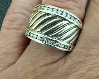 Sterling silver cigar ring has two rows of diamonds and is signed DY and marked 925