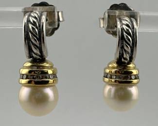 David Yurman sterling silver and 18kt pearl and diamond drop earrings