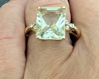 Prasiolite and diamond ring set in 14kt gold; size 9