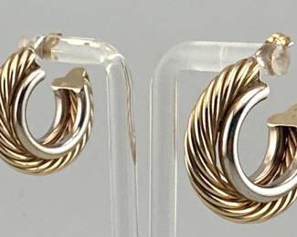 Sterling silver and 14kt gold ribbed hoop earrings are signed UFJ (Universal Formation Jewelry); 1"Diam,