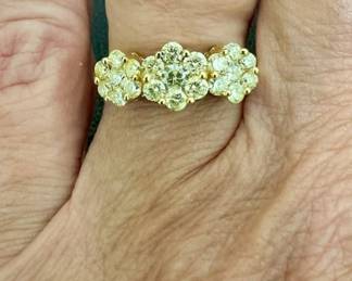 Natural fancy yellow canary diamond triple cluster 14kt gold ring size 6; approx. 1ctw