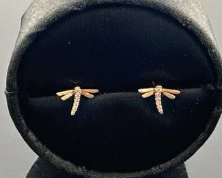 Saks Fifth Avenue 14kt gold and diamond dragonfly stud earrings; .05ctw, G-H, Si clarity. Weighs 1.15g
