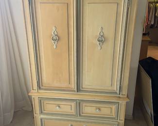 This furniture suite is by Stanley. Nice solid wood quality, may need refinishing or painting to your desire - each piece priced separately