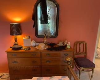 Maple dresser, antique mirror, deco era chair