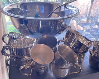 Silver plate punch bowl, matching pinch cups