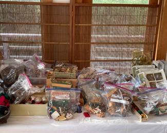 Great Christmas items, wooden animals, wooden houses, teddy bears, beaded, birds, vintage glass …