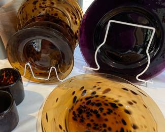 Amber glass plates and aubergine  glass plates/chargers