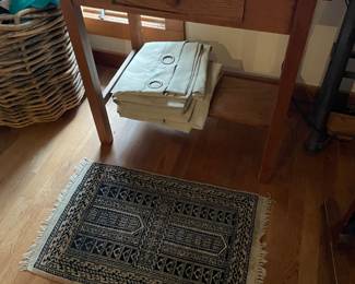 Mission side table with drawer, small prayer rug