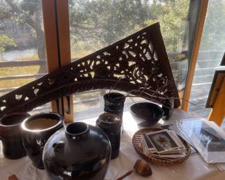 Asian Hand-Carved Wooden Architectural Arched Wall Door 3-piece Panel - heavy, so leaning down at center, where jointed 