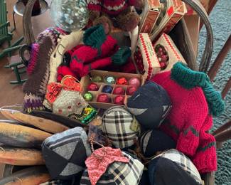 Small sample of Christmas (one storage box of 5).  Hand made fabric balls and sweaters ❤️