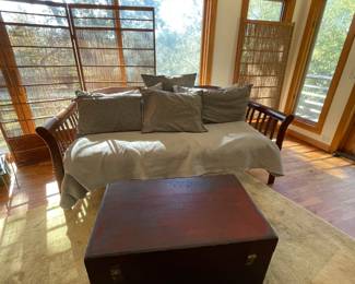 Japanese screens in background will be for sale. Antique Asian trunk